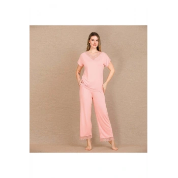 Viskon Şık Tasarım Dantel İşlemeli Açık Pembe Kısa Kol Pijama Takımı - SSSSSS2031-8157