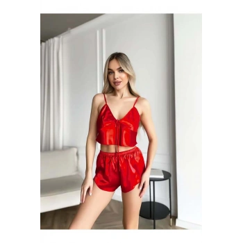 Kırmızı İnce Askılı Saten Şortlu Takım - SSSSSS6104-9354