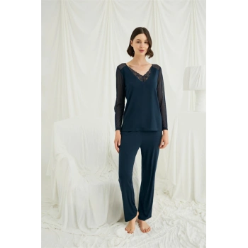 Sırt Dekolteli Uzun Kollu Tüllü ve Dantelli Pijama Takımı - SSSSSS2056-3165