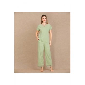 Pamuklu Şık Tasarım Dantel İşlemeli Yeşil Kısa Kol Pijama Takımı - SSSSSS1736-8816