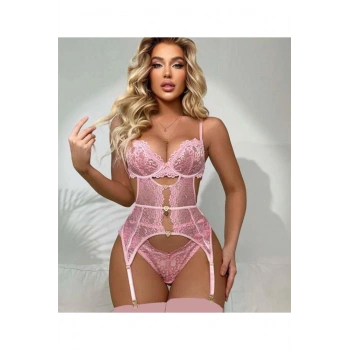 Kalp Aksesuarlı Dantelli Fantezi Pembe Jartiyer Takım - SSSSSS9468-8738