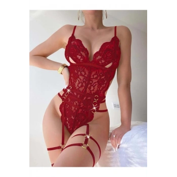 Kırmızı Dantel İşlemeli Fantezi Body Jartiyer Takımı - SSSSSS2557-3835