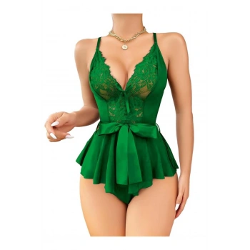 Yeşil Dantel İşlemeli Kurdelalı Fantezi Tül Babydoll - SSSSSS4833-6591