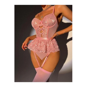 Pembe Dantel İşlemeli Kalp Desenli Fantezi Jartiyer Takımı - SSSSSS6409-1433