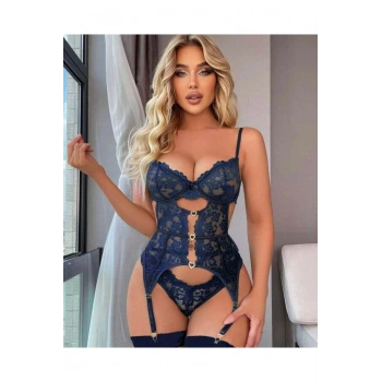 Kalp Aksesuarlı Dantelli Fantezi Mavi Jartiyer Takım - SSSSSS2642-6134