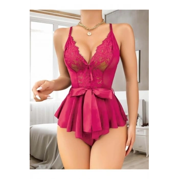 Fuşya Dantel İşlemeli Kurdelalı Fantezi Tül Babydoll - SSSSSS2443-7538