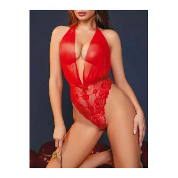 Kırmızı Dantel İşlemeli Boyundan Bağlamalı Fantezi Tül Body - SSSSSS6210-5595