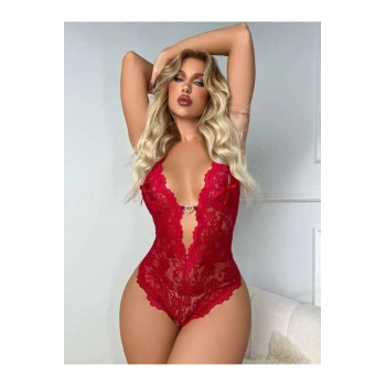 Metal Kalp Aksesuarlı Fantezi Dantelli Kırmızı Body - SSSSSS9064-4249