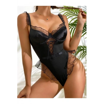 Siyah Tül İşlemeli Fantezi Body - SSSSSS4305-2114