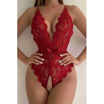 Kırmızı Özel Bölgesi Açık Fiyonklu Dantel Fantezi Body - SSSSSS5664-3609