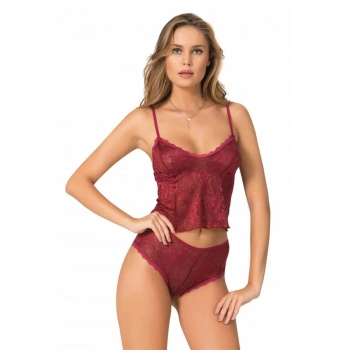 Bordo Jakarlı Babydoll Şort Takımı - SSSSSS5419-5150