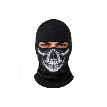 Unisex Kurukafa Desenli Balaklava Kışlık Tam Yüz Maske Nefes Alan Esnek Kask Altı Boyunluk Siyah Set