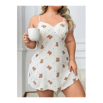 Büyük Beden Ayıcık Desenli İnce Askılı Mini Gecelik - SSSSSS6523-6193