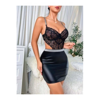 Siyah Dantelli Dekolteli Mini Fantezi Parlak Deri Gecelik - SSSSSS4686-6956