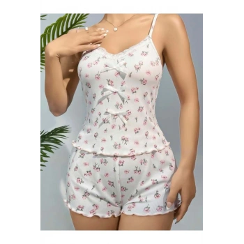 Pamuklu Beyaz Üstüne Çiçek Desen Fitilli Askılı Şortlu Pijama Takımı - SSSSSS3216-7100