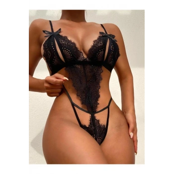 Fiyonklu Dantelli Siyah Fantezi Body - SSSSSS4258-3539