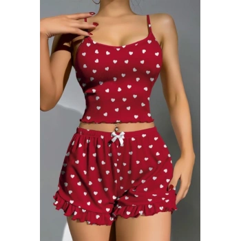 Pamuklu Kırmızı Üstüne Beyaz Kalp Desen Fitilli Askılı Şortlu Pijama Takım? - SSSSSS2807-8