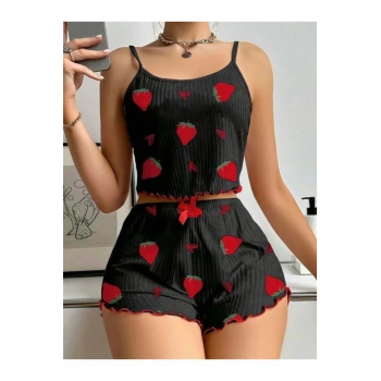 Pamuklu Siyah Üstüne Çilek Desen Fitilli Askılı Şortlu Pijama Takımı - SSSSSS6359-9212