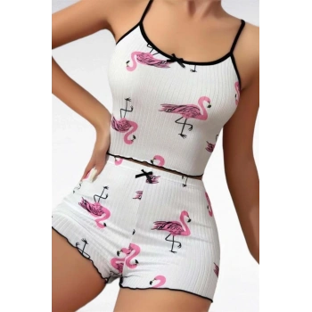 Pamuklu Beyaz Üstüne Pelikan Desen Fitilli Askılı Şortlu Pijama Takımı - SSSSSS5098-4897