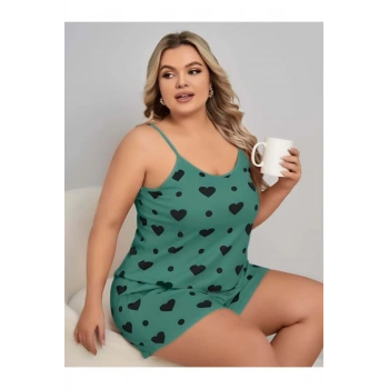 Büyük Beden Yeşil Kalp Desen Pamuklu Şortlu Pijama Takımı - SSSSSS9904-3959