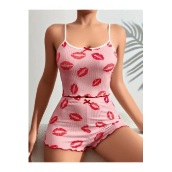 Pamuklu Kiss Öpücük Desen Pembe Şortlu Pijama Takımı - SSSSSS2796-6258