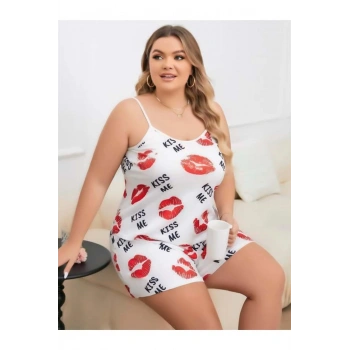 Büyük Beden Kiss Me Öpücük Desen Pamuklu Şortlu Pijama Takımı - SSSSSS9470-8843