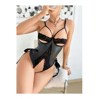 Siyah Dantel İşlemeli Özel Bölgesi Açık Fantezi Deri Body - SSSSSS7072-4973