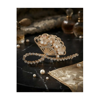 Çiçekli zirkon taşlı gold metal mandal toka