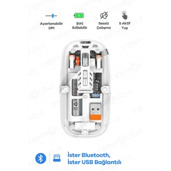 Marchè Bien Bluetooth USB Çift Modlu Sessiz Mouse, Şeffaf Mıknatıslı Kapaklı, Type-C Şarjlı, DPI Ayarlı, Kablosuz 10m Çekim Mesafeli, Masaüstü Kısayol Tuşlu, Taşınabilir Şarjlı Mouse Beyaz ( Lisinya )