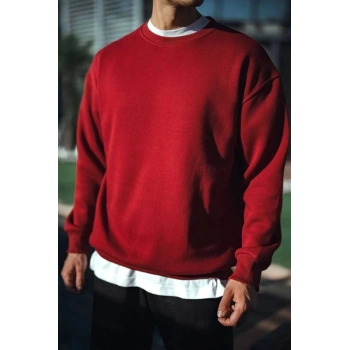 Marchè Bien Erkek Kışlık Bisiklet Yaka Üç İplik Basic SweatShirt - Bordo