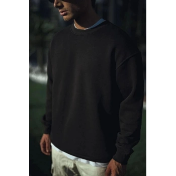 Marchè Bien Erkek pamuklu Bisiklet Yaka 3 İplik Basic SweatShirt - Siyah