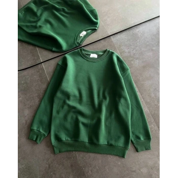 Marchè Bien Kadın Kışlık Bisiklet Yaka Üç İplik Basic SweatShirt - Haki