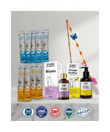 Kedi başlangıç seti (Pawjourney Biotin 50 ml , Omega Plus 100 ml,5 ad .Mofelya Krem Kedi Ödül maması 15 ml Tavuklu 5 ad. Somonlu, El yapımı Kedi Oltası)