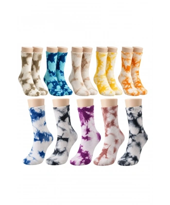 Unisex Batik Spor Çorap 10lu Set Tie Dye Tenis Çorabı Koyu Retro Renkler Günlük Rahat Konforlu Stil