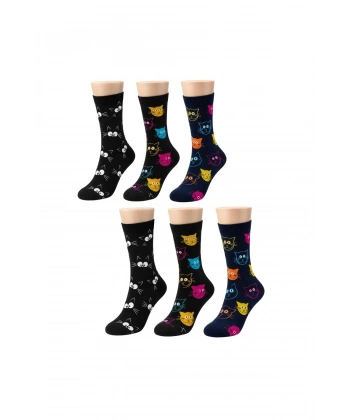 Unisex Kedi Desenli Çorap 6lı Set Pamuklu Renkli Uzun Soket Dikişsiz Nefes Alan Rahat Günlük Çorap