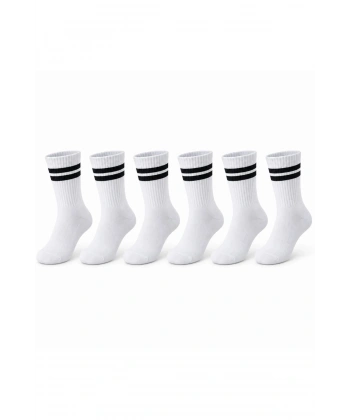 Unisex Beyaz Çorap Siyah Çizgili 6lı Set Uzun Soket Günlük Spor Kolej Stil Rahat Kadın Erkek Çorabı