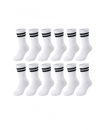 Unisex Beyaz Çorap Siyah Çizgili 12li Set Uzun Soket Günlük Spor Kolej Stil Kadın Erkek Çorabı