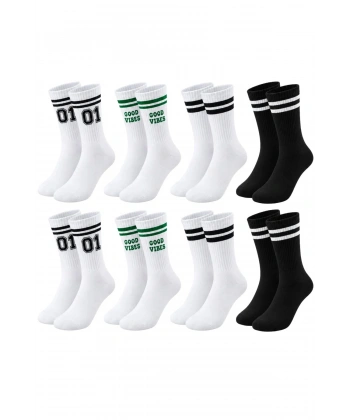 Unisex Çorap Çizgili 8li Set 07 Good Vibes Baskılı Siyah Beyaz Uzun Soket Spor Kolej Stil Çorap
