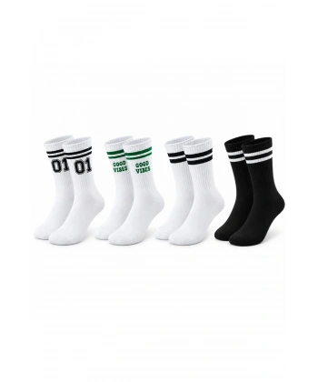 Unisex Çorap Çizgili 4lü Set 07 Good Vibes Baskılı Siyah Beyaz Uzun Soket Spor Kolej Stil Rahat Şık