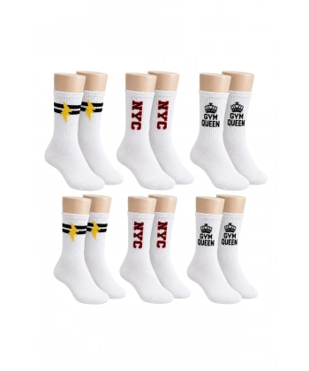 Kadın Spor Çorap Beyaz Yazılı 6lı Set Uzun Soket Pamuklu Dikişsiz Nefes Alan Spor Konforlu Çoraplar