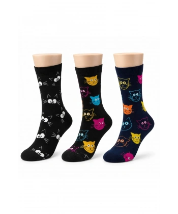 Unisex Kedi Desenli Çorap 3lü Set Pamuklu Renkli Uzun Soket Dikişsiz Nefes Alan Rahat Günlük Çorap