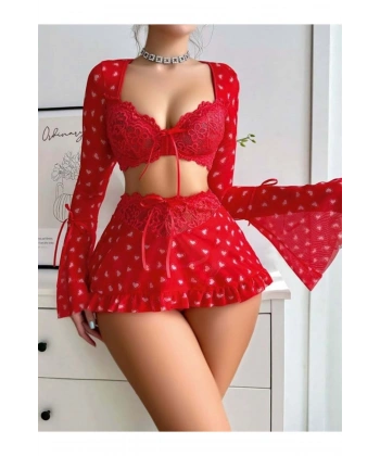Özel Tasarım Kalp Desenli İspanyol Kol Mini Etekli Fantezi Takım - SSSSSS7624-9645