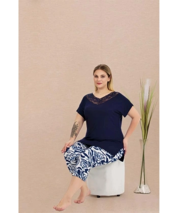 Arias Closet Büyük Beden Viskon Şık Tasarım Lacivert Dantel İşlemeli Desenli - SSSSSS3578-1