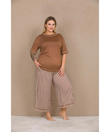 Arias Closet Büyük Beden Viskon Şık Tasarım Kahverengi Çizgili Kısa Kol Kapri - SSSSSS8365-9