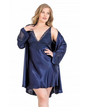 Premium Büyük Beden Lacivert Kısa İkili Saten Sabahlık Gecelik Takımı - SSSSSS3126-9444