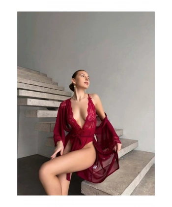 Şık Tasarım Bordo Dantel İşlemeli Body Suit ve Tül Gecelik Takımı - SSSSSS2902-2336