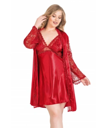 Premium Büyük Beden Kırmızı Kısa İkili Saten Sabahlık Gecelik Takımı - SSSSSS9286-5970