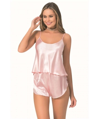 Şık Tasarım Yumuşak Dokulu Somon Saten Babydoll Şort Takımı - SSSSSS4764-4026