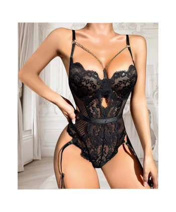 Şık Tasarım Siyah Dantel İşlemeli Zincir Detaylı Fantezi Body Jartiyer Takım? - SSSSSS3629-8