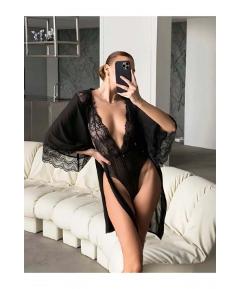 Şık Tasarım Siyah Dantel İşlemeli Body Suit ve Tül Gecelik Takımı - SSSSSS8194-9758